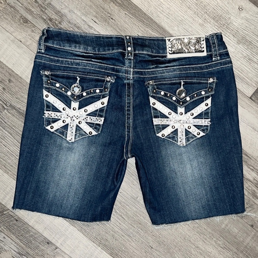 ❀ Miss Chic Rhinestone Cut Off Blue Denim Jean Frayed Shorts Size 5